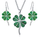 Good Luck Charm Green Clover Earrings Pendant Jewelry Set .925 Sterling Silver