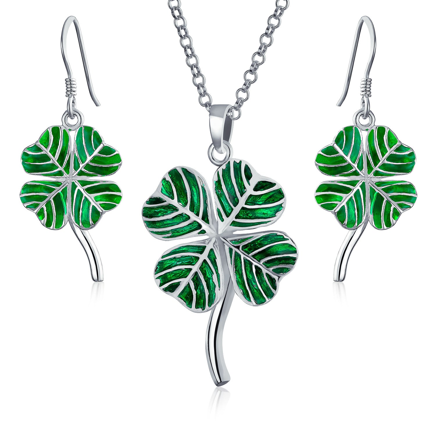 leaf_clover_earring_necklace_set_pmr-pe21901-set Good Luck Charm Green Clover Earrings Pendant Jewelry Set .925 Sterling Silver - Image 1