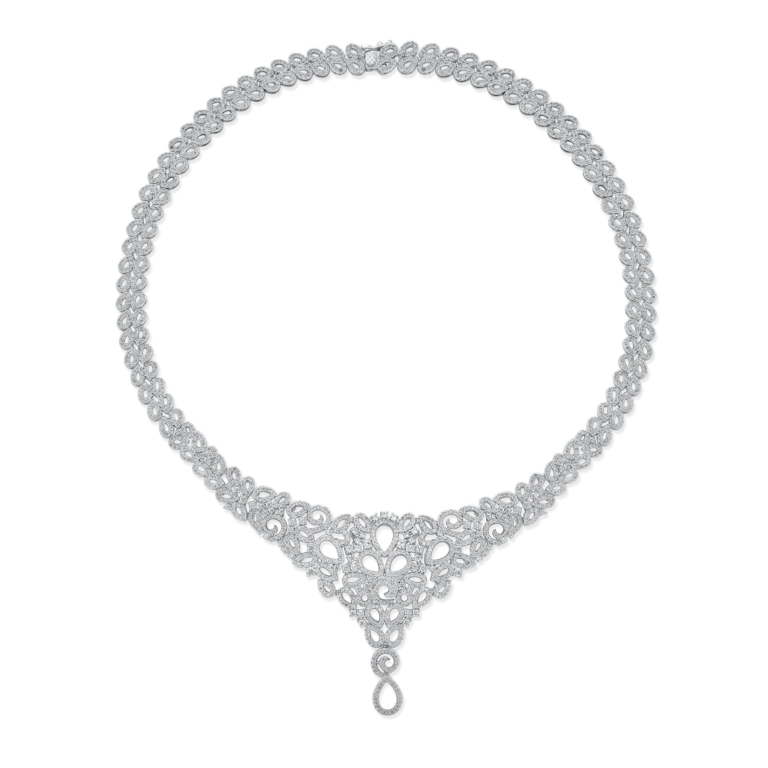 leaf_collar_necklace_teardrop_my-5008-az-0 Art Deco Swirl Leaf Choker Collar Necklace with Teardrop CZ - Image 1