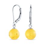 Simple Round Gemstone Lemon Yellow Amber Drop Ball Earrings Sterling Silver - Image 2