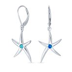 Blue Created Opal Starfish Dangle Gemstone Earrings Silver