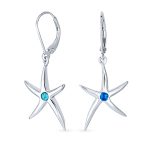 Blue Created Opal Starfish Dangle Gemstone Earrings Silver