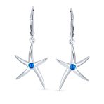 Blue Created Opal Starfish Dangle Gemstone Earrings Silver - Image 2