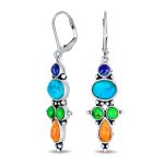 Western Style Multicolor Stones Lapis Turquoise Coral Dangle Earrings .925 Sterling Silver Lever Back