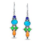 Western Style Multicolor Stones Lapis Turquoise Coral Dangle Earrings .925 Sterling Silver Lever Back - Image 2