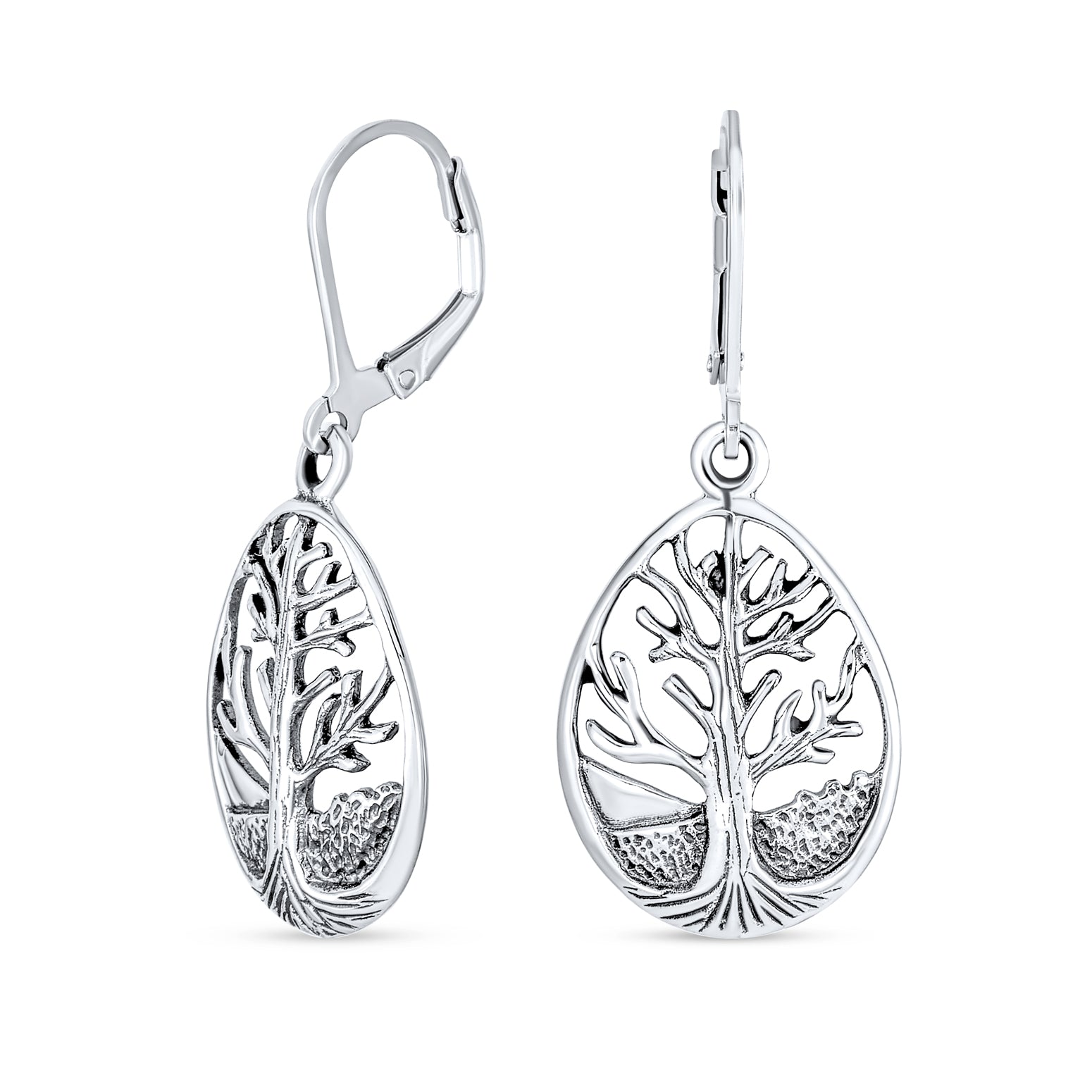 leverback-tree-silver-earrings-life_pmr-e11470_1 Small Round Circle Family Tree Dangle Earrings Sterling Silver Nature - Image 1