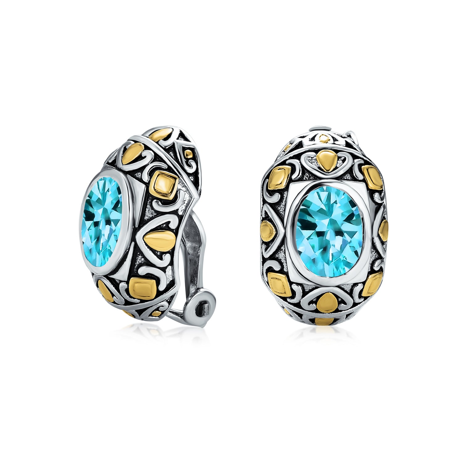 light-blue-cz-silver-gold-clipon-earrings-oa-21ola2404_1 Two-Tone Bali Style Aqua Blue Oval Clip-On Earrings with Simulated Aquamarine CZ - Image 1