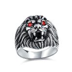 Mens Silver Ring Red Ruby Eyes Lion Design Solid Oxidized .925 Sterling Silver