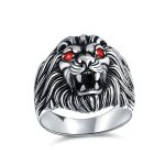 Mens Silver Ring Red Ruby Eyes Lion Design Solid Oxidized .925 Sterling Silver