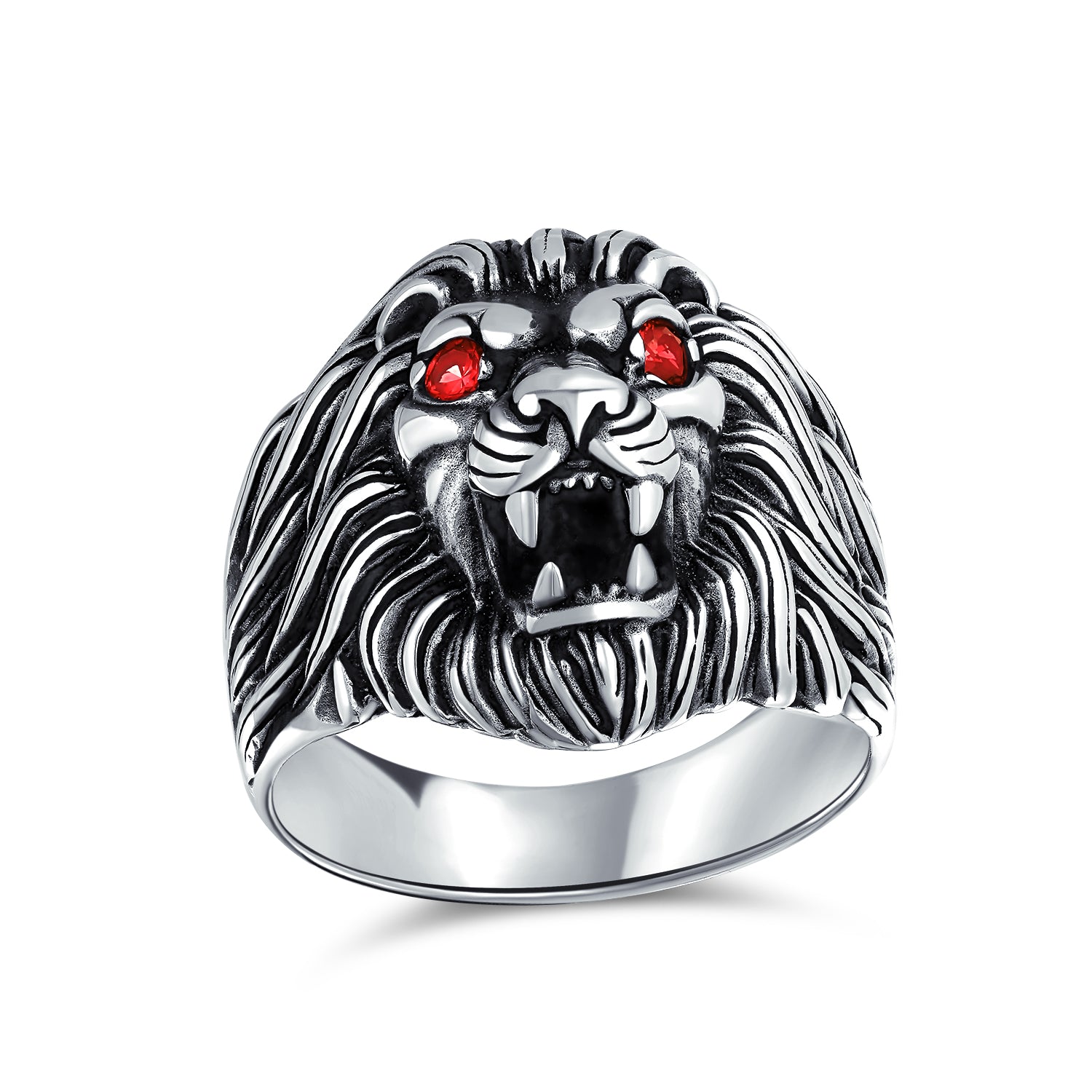 lion-ring-king-jungle-mens_pts-mhy140_1 Mens Silver Ring Red Ruby Eyes Lion Design Solid Oxidized .925 Sterling Silver - Image 1