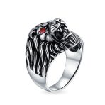Mens Silver Ring Red Ruby Eyes Lion Design Solid Oxidized .925 Sterling Silver - Image 2