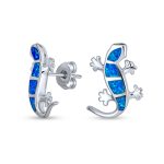 Created Blue Opal Inlay Garden Gecko Lounge Lizard Stud Earrings .925 Sterling Silver
