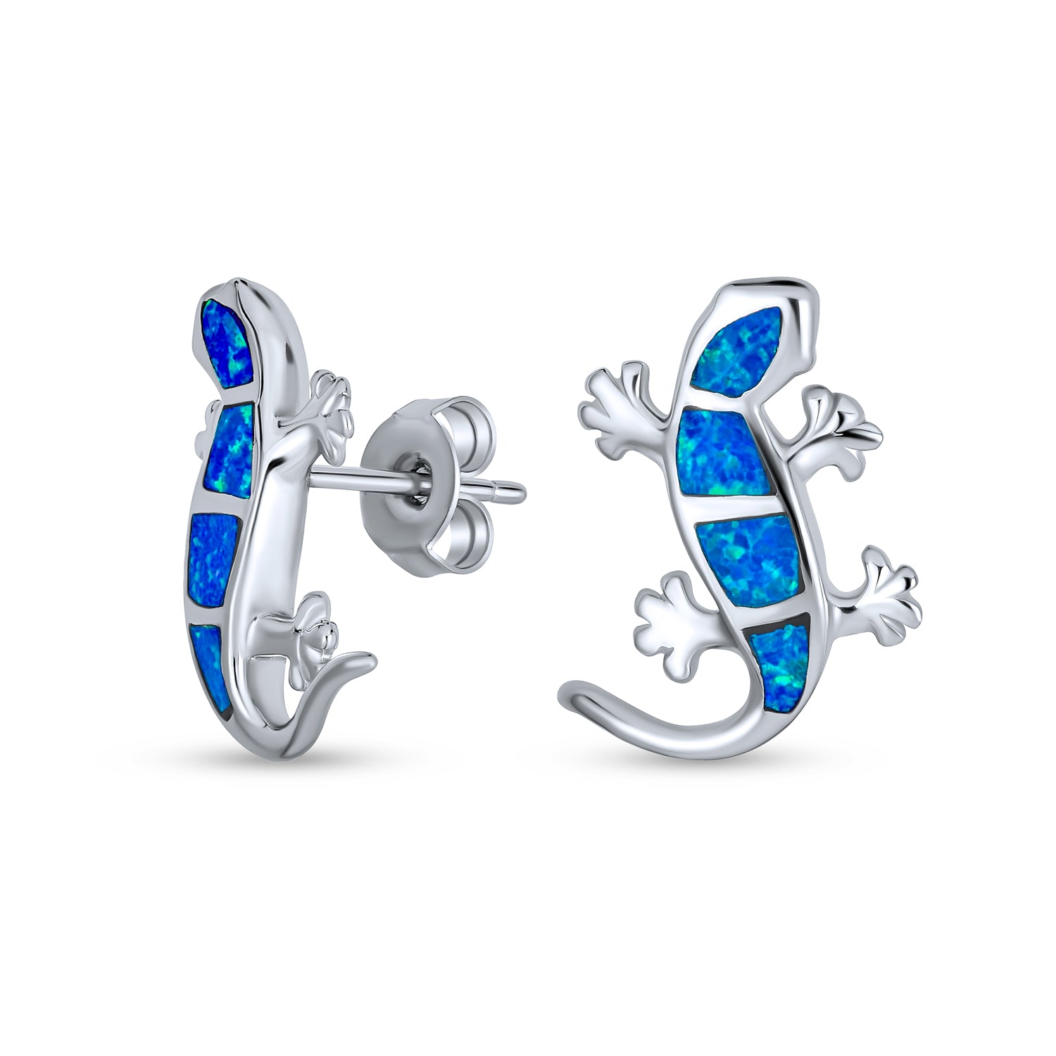 lizard-blue-opal-earrings-studs_xny-ed0871-az Created Blue Opal Inlay Garden Gecko Lounge Lizard Stud Earrings .925 Sterling Silver - Image 1