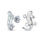 Created Blue Opal Inlay Garden Gecko Lounge Lizard Stud Earrings .925 Sterling Silver - Image 2