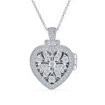Vintage Style Keepsake Flower Heart Shape Photo Locket Pendant Necklace .925 Sterling Silver