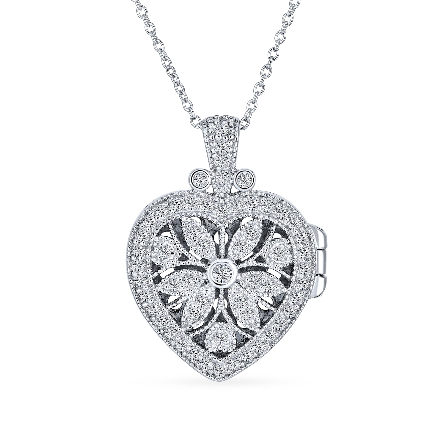 locket-heart-flower-pendant_eos-cap3812_1 Vintage Style Keepsake Flower Heart Shape Photo Locket Pendant Necklace .925 Sterling Silver - Image 1