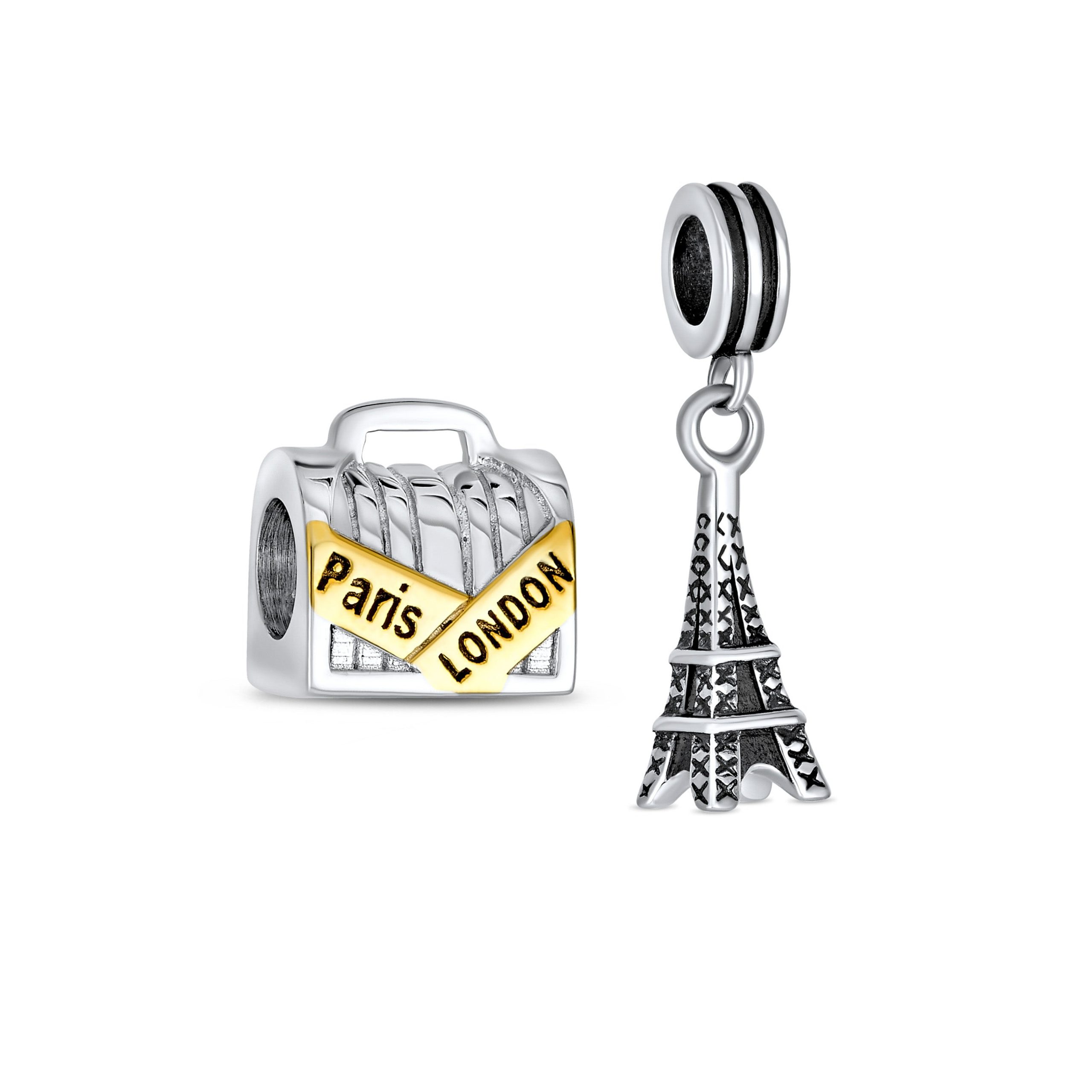 london-paris-travel-charm-pbx-hsd-42-set-az Set of 2 London Travel Suitcase Luggage Paris Eiffel Tower Dangle Charm Bead - Image 1
