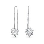 Spiritual Zen Lotus Flower Earrings .925 Sterling Silver Long Chain Threader Stabilizing U Hook