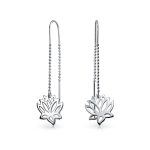 Spiritual Zen Lotus Flower Earrings .925 Sterling Silver Long Chain Threader Stabilizing U Hook