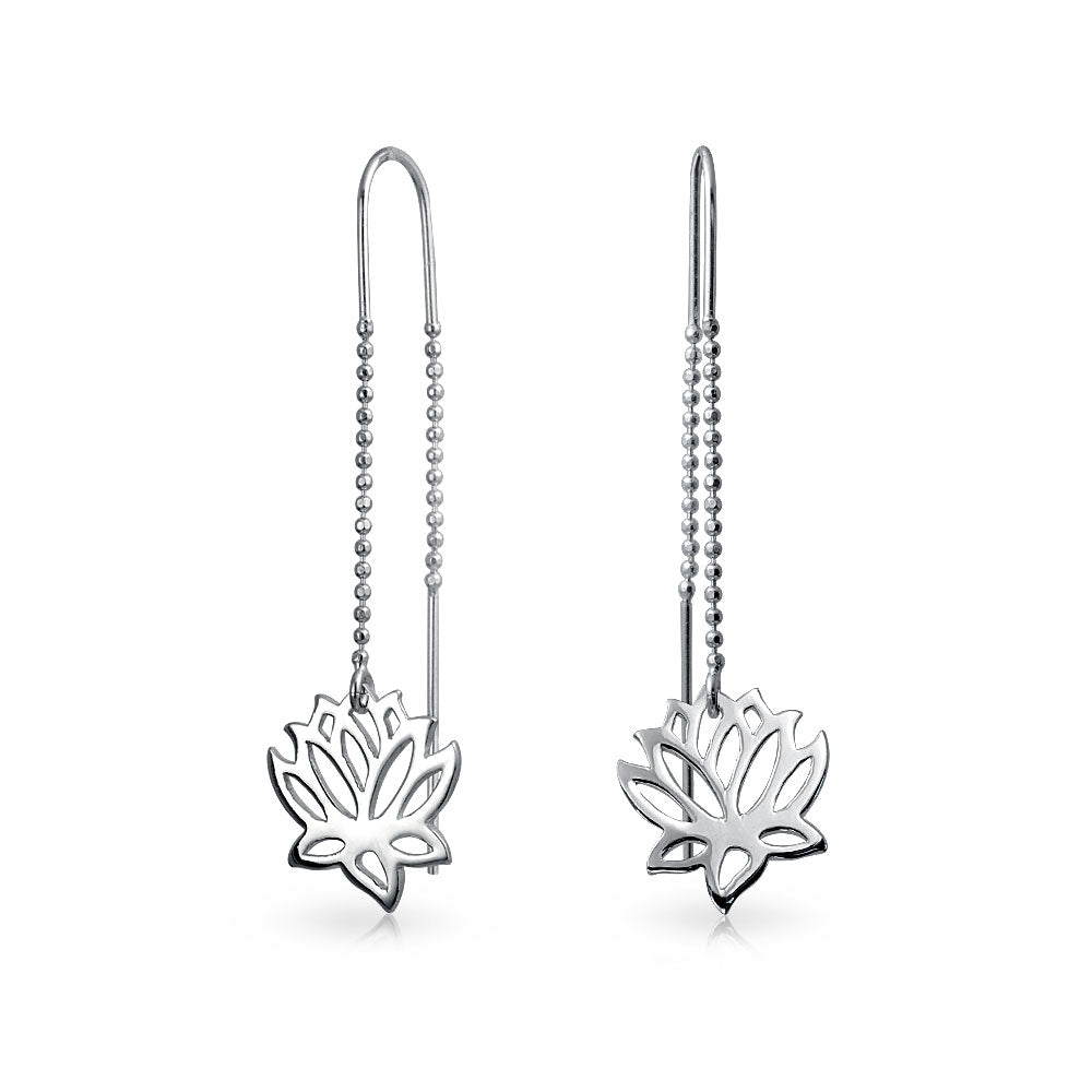lotus-flower-threader-earrings-silver_srn-s117565e-1 Spiritual Zen Lotus Flower Earrings .925 Sterling Silver Long Chain Threader Stabilizing U Hook - Image 1