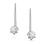 Spiritual Zen Lotus Flower Earrings .925 Sterling Silver Long Chain Threader Stabilizing U Hook - Image 2