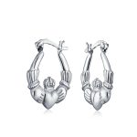BFF Love Heart Celtic Claddagh Hoop Huggie Earrings Silver