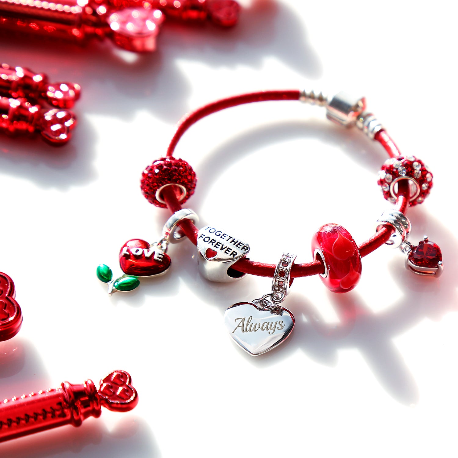 love-charm-makeup-vday-jan-2021-1 Initials Love Heart Charm Bracelet with Genuine Red Leather and Sterling Silver Clasp - Image 1