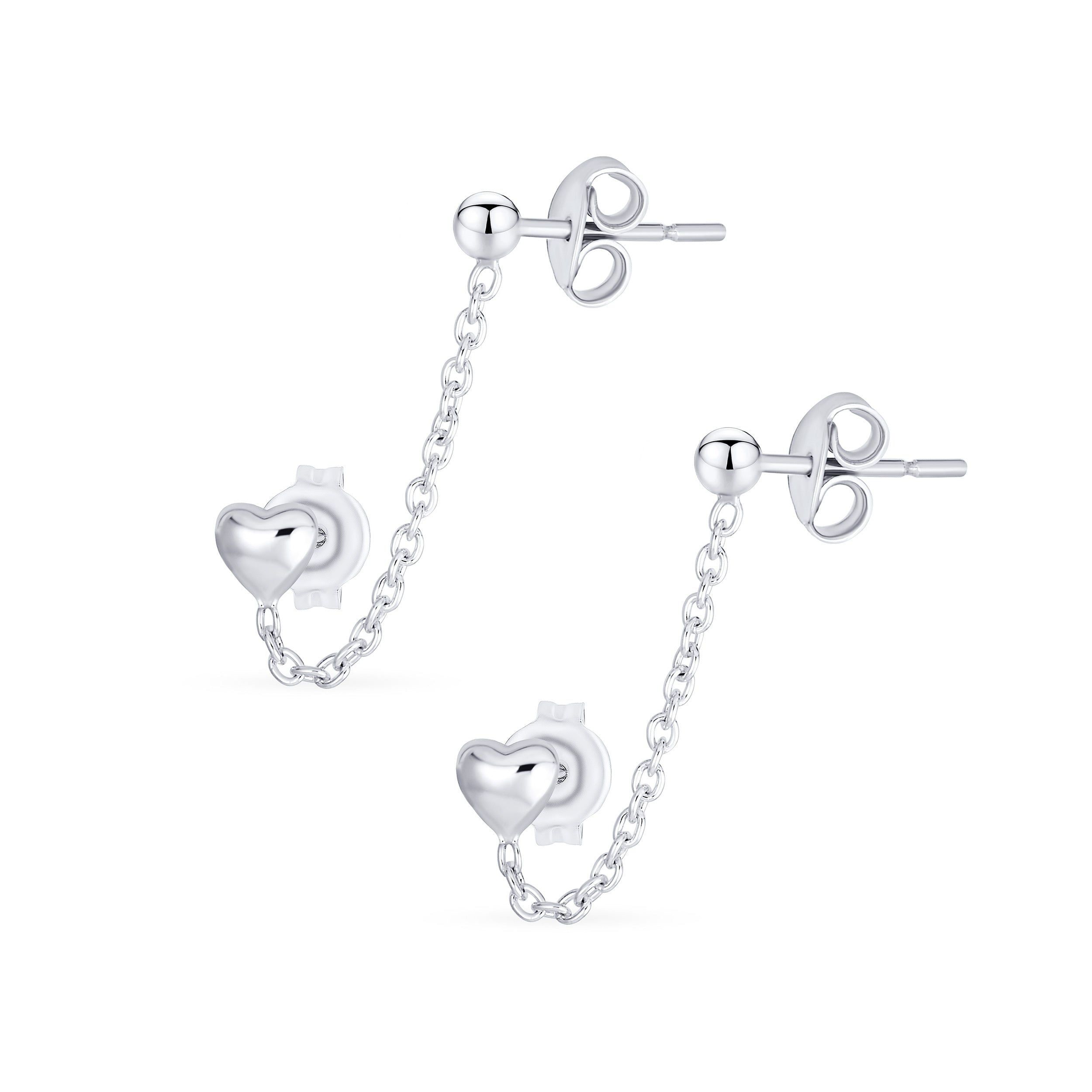 love-double-pierced-heart-cartilage-earrings-srn-s545801es-000 Love Double Pierced Mini Heart Ear Cuff Cartilage Cha& Ball Stud Earrings Silver - Image 1