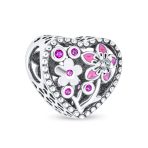 Valentine CZ Accent Pink Red Enamel Flower Heart Charm Bead Sterling Silver Fits European Bracelet