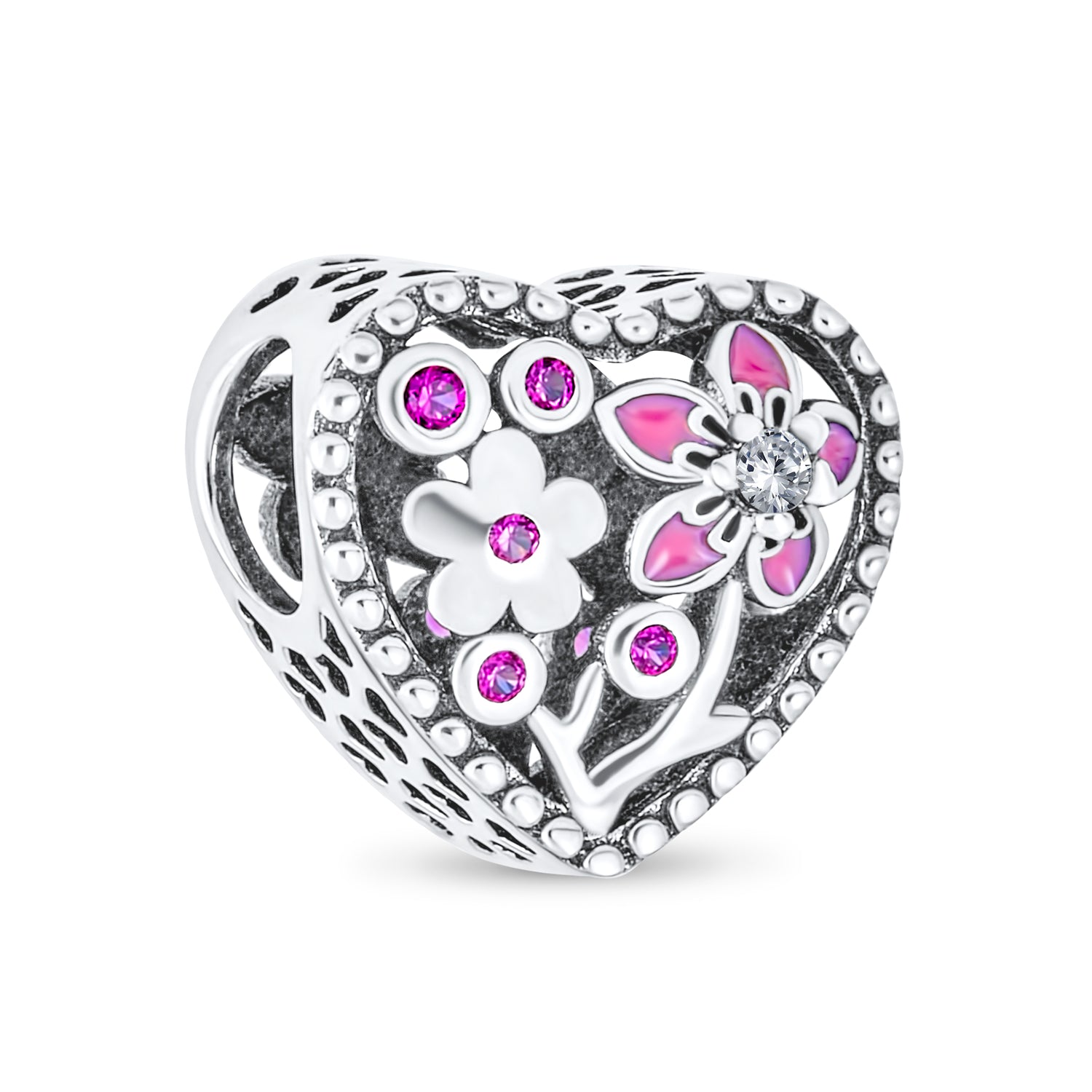love-grows-pink-enamel-charm-bead_pbx-hsz-1156-d Valentine CZ Accent Pink Red Enamel Flower Heart Charm Bead Sterling Silver Fits European Bracelet - Image 1