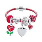Initials Love Heart Charm Bracelet with Genuine Red Leather and Sterling Silver Clasp - Image 2