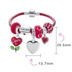 Initials Love Heart Charm Bracelet with Genuine Red Leather and Sterling Silver Clasp - Image 3