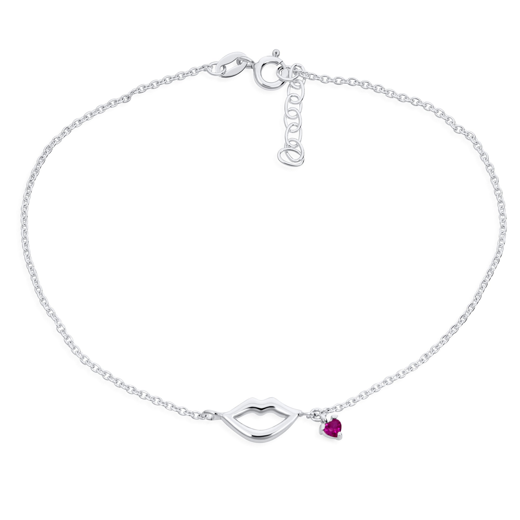 lover-lip-red-heart-cz-anklet-srn-s918430a_01 Lover Kiss & Lip Red Heart Charm Anklet Link Ankle Bracelet Sterling Silver 9-10 Inch Adjustable - Image 1