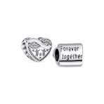Set of 2 CZ Accent Loving Family Heart & Words Forever Together Charm Bead