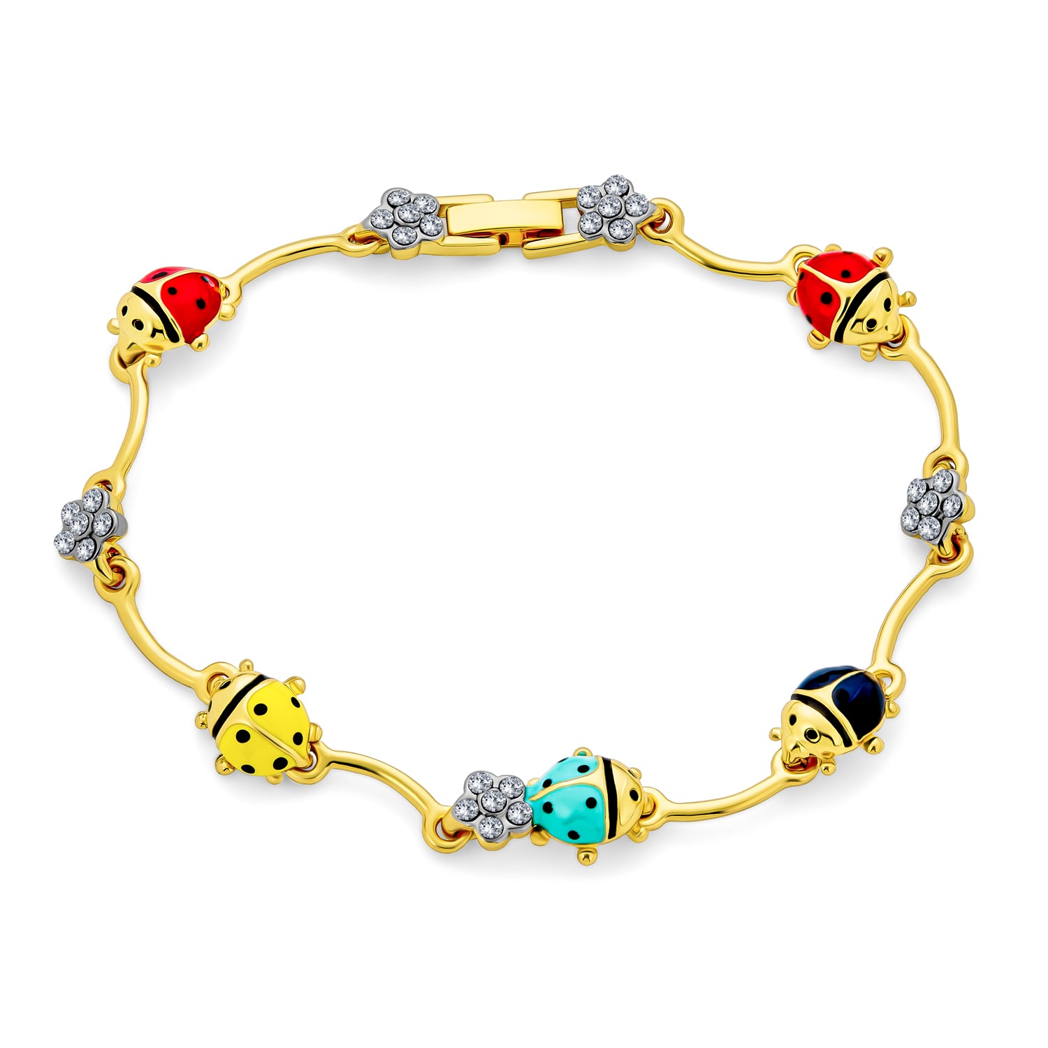 luck-bug-crystal-flower-gold-plated-bracelet_ag-bt1003-m1-az Colorful Good Luck Garden Lucky Ladybug Link Charm Bracelet Crystal Gold Plated - Image 1