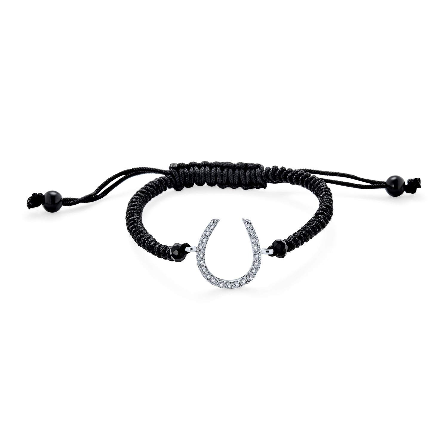 luck-cord-black-macrame-cz-horseshoe-bracelet_pfs-54-0192-1_1 Good Luck Equestrian Strand Bracelet with Horseshoe and Cubic Zirconia - Image 1