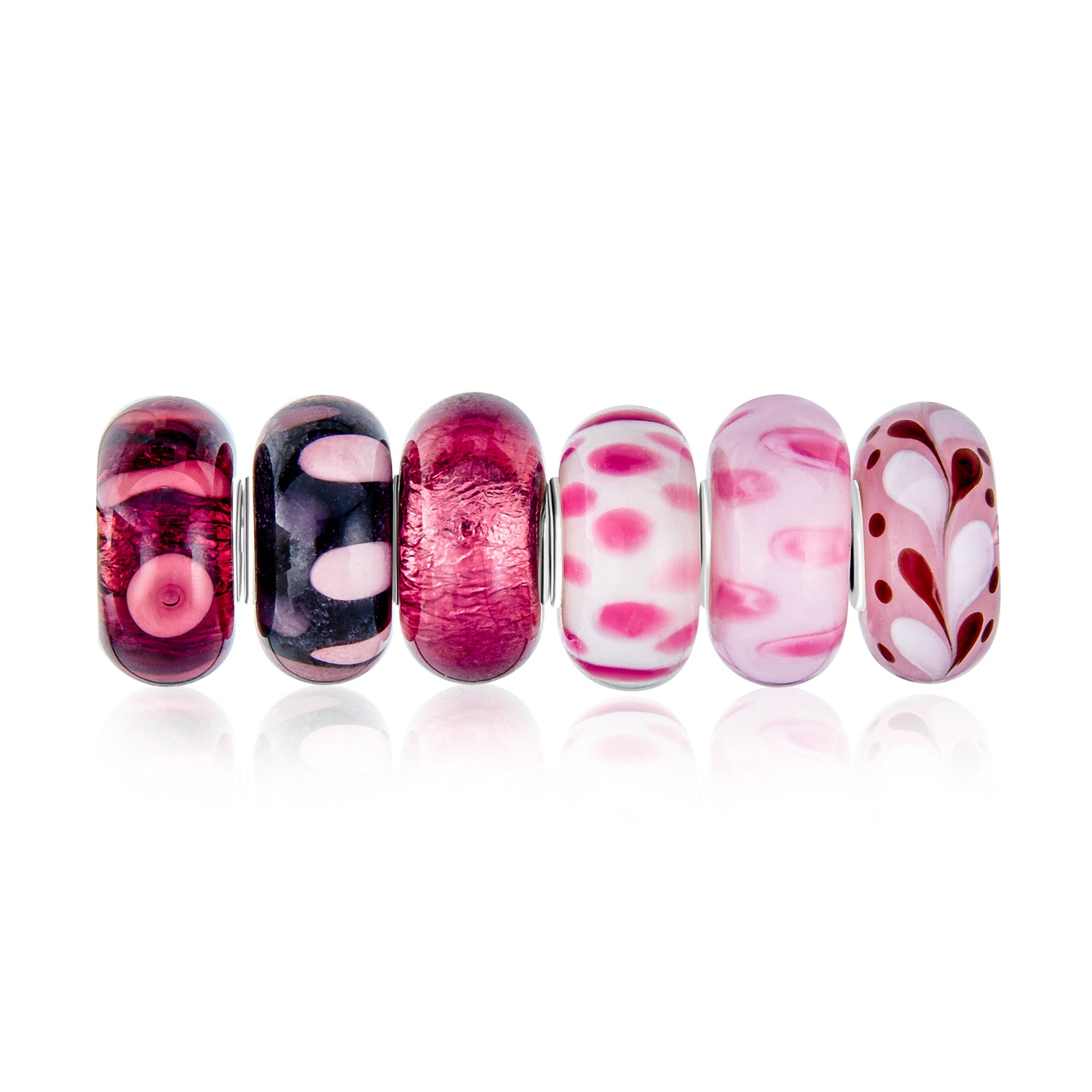 magenta-pink-bead-set-glass-pbx-hgsc-016-az_1 Mix Set Shades of Red & Pink Murano Glass Charm Bead for Bracelets .925 Sterling Silver - Image 1