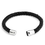 Unisex Black Woven Leather Cuff Bracelet with Stainless Barrel Clasp for Men - Image 3