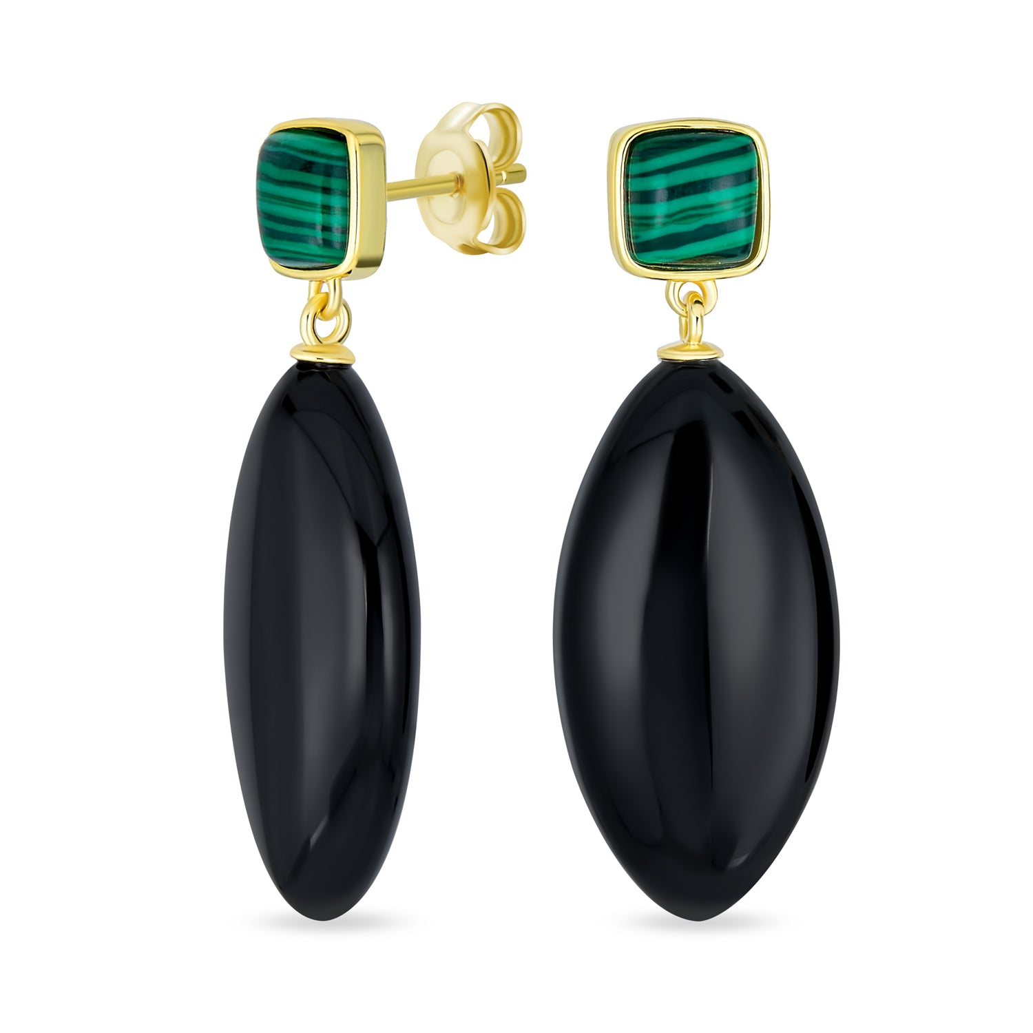 malachite-onyx-dangling-gold-earrings-cb-84412 Unique Geometric Dangle Gemstone Earrings with Malachite & Onyx in Gold Plated - Image 1
