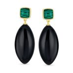Unique Geometric Dangle Gemstone Earrings with Malachite & Onyx in Gold Plated - Image 2