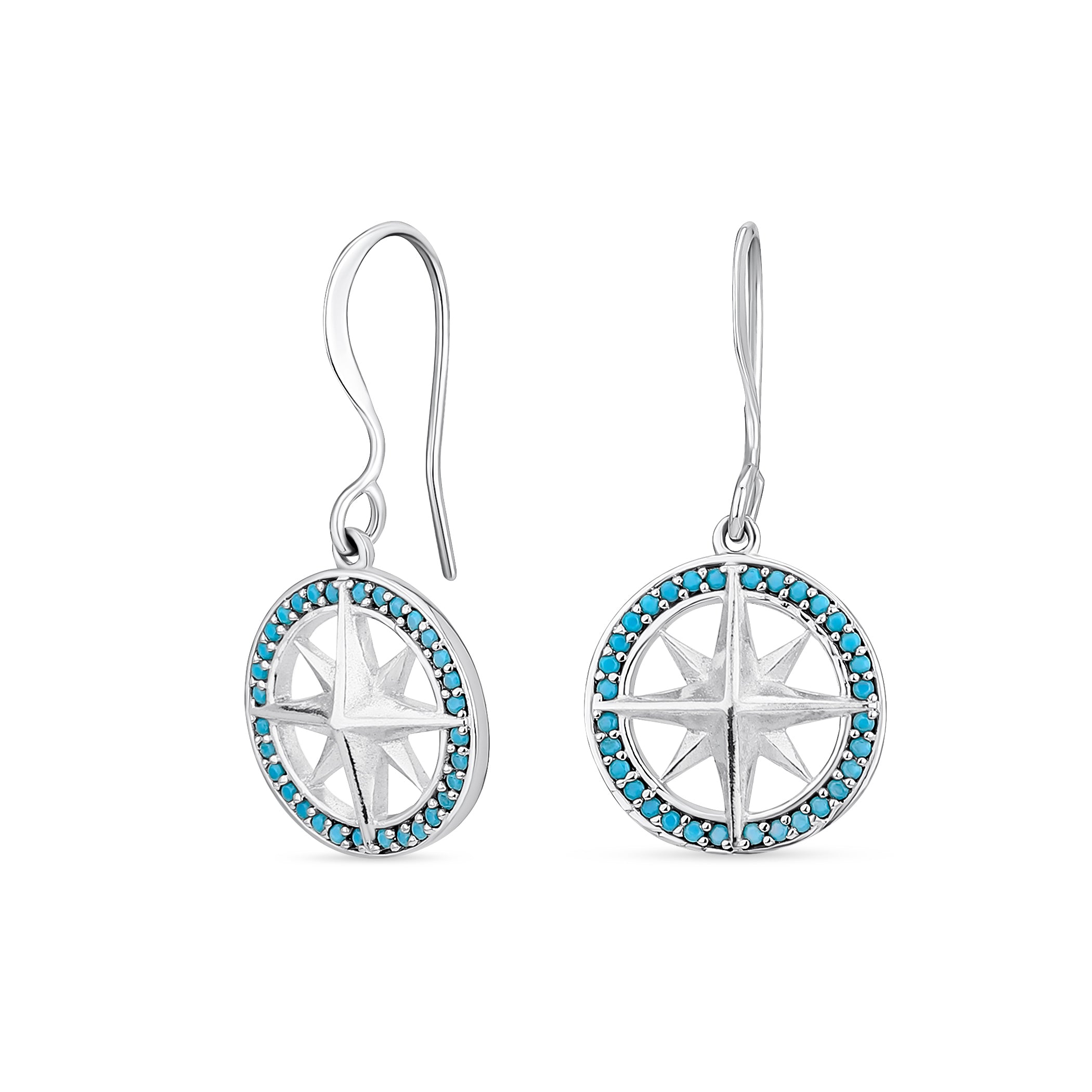 medallion_compass_dangling_earring_srn-s738330e_1 Unisex Viking Disc Medallion Dangle Earrings Blue Enamel Sterling Silver Compass - Image 1