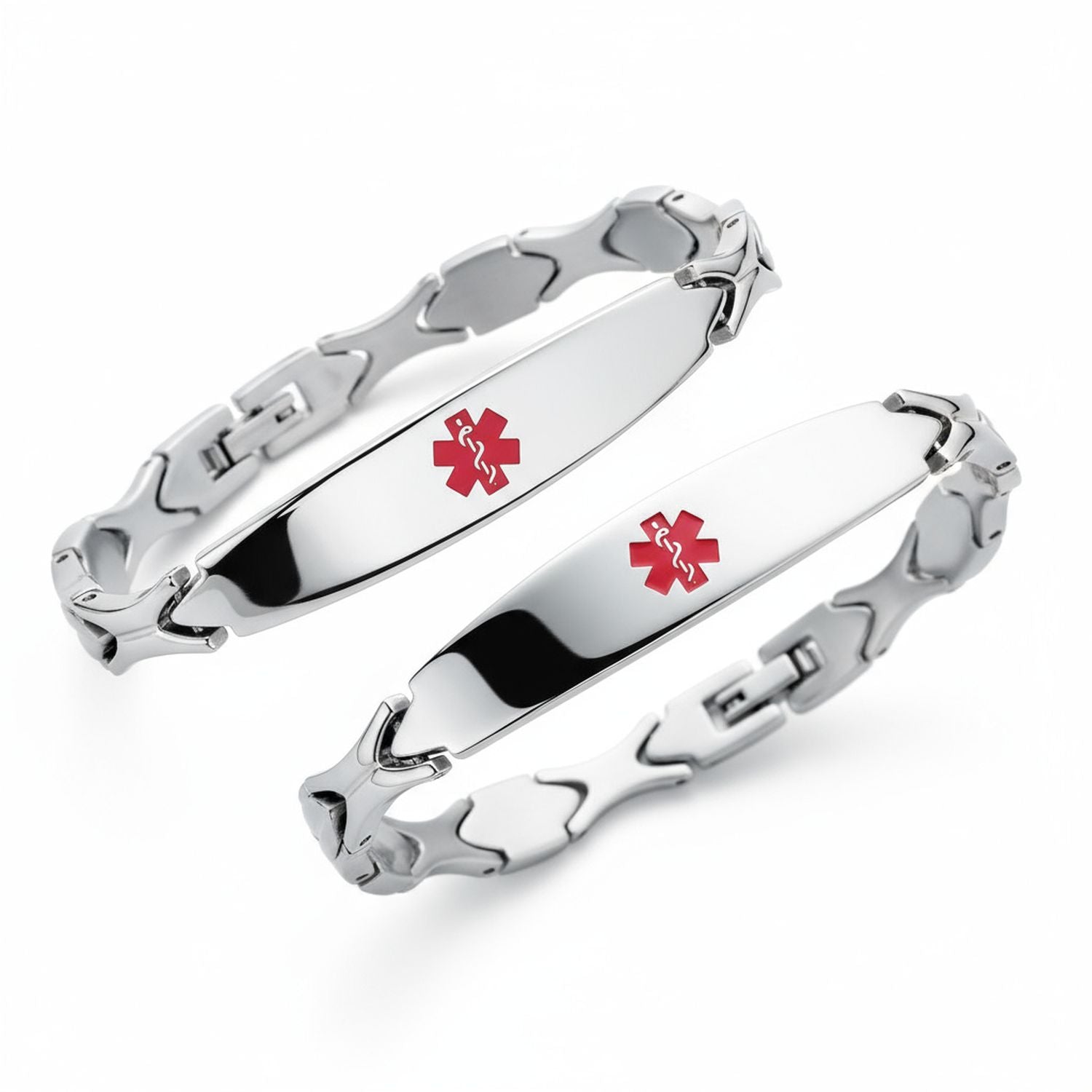 medical-id-bracelet-silver-plate-engravable-sgd-b007-set-az Set of 2 Leaf Link Chain Red ID Bracelet for Men Silver Stainless Steel 7.5 Inch - Image 1