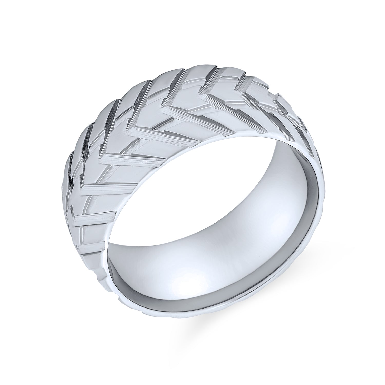 men-ring-stainless-steel-tire-ring_rss-381_1 Rugged Tire Tread Band Ring Matte Brushed Silver Tone Stainless Steel 8MM - Image 1