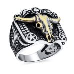 Mens Silver Ring Brown Tiger Eye & Black Onyx Gemstone Western Longhorn Design