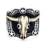 Mens Silver Ring Brown Tiger Eye & Black Onyx Gemstone Western Longhorn Design - Image 2