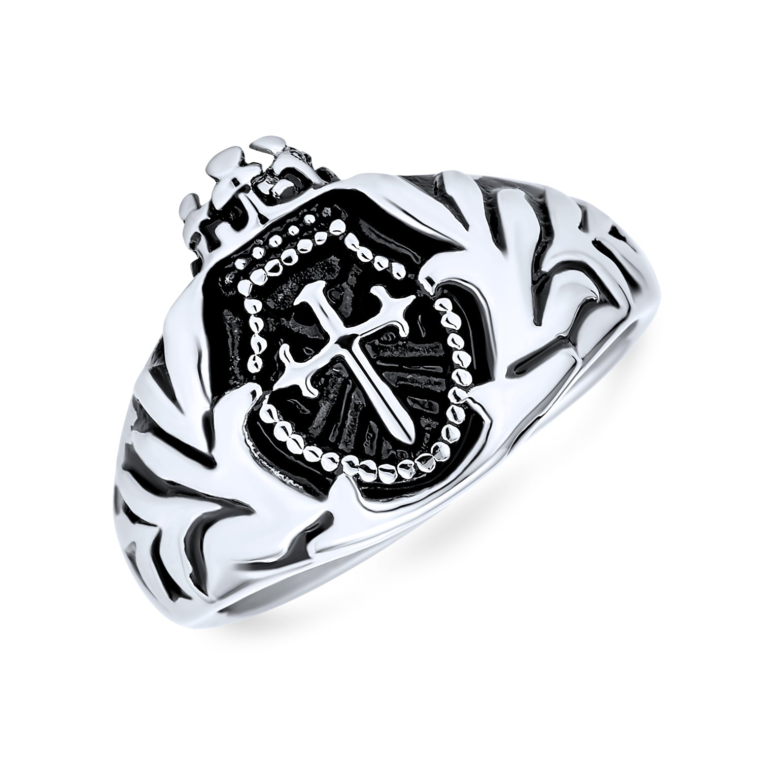 men-silver-cross-crown-stainless-steel-ring_swk-hyr-8048_1 Mens Religious Crown Knight Shield Maltase Cross Signet Ring Stainless Steel - Image 1