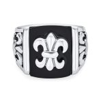 Men's Stainless Steel Black Onyx Fleur De Lis Signet Ring Silver Tone