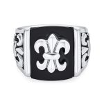 Men's Stainless Steel Black Onyx Fleur De Lis Signet Ring Silver Tone
