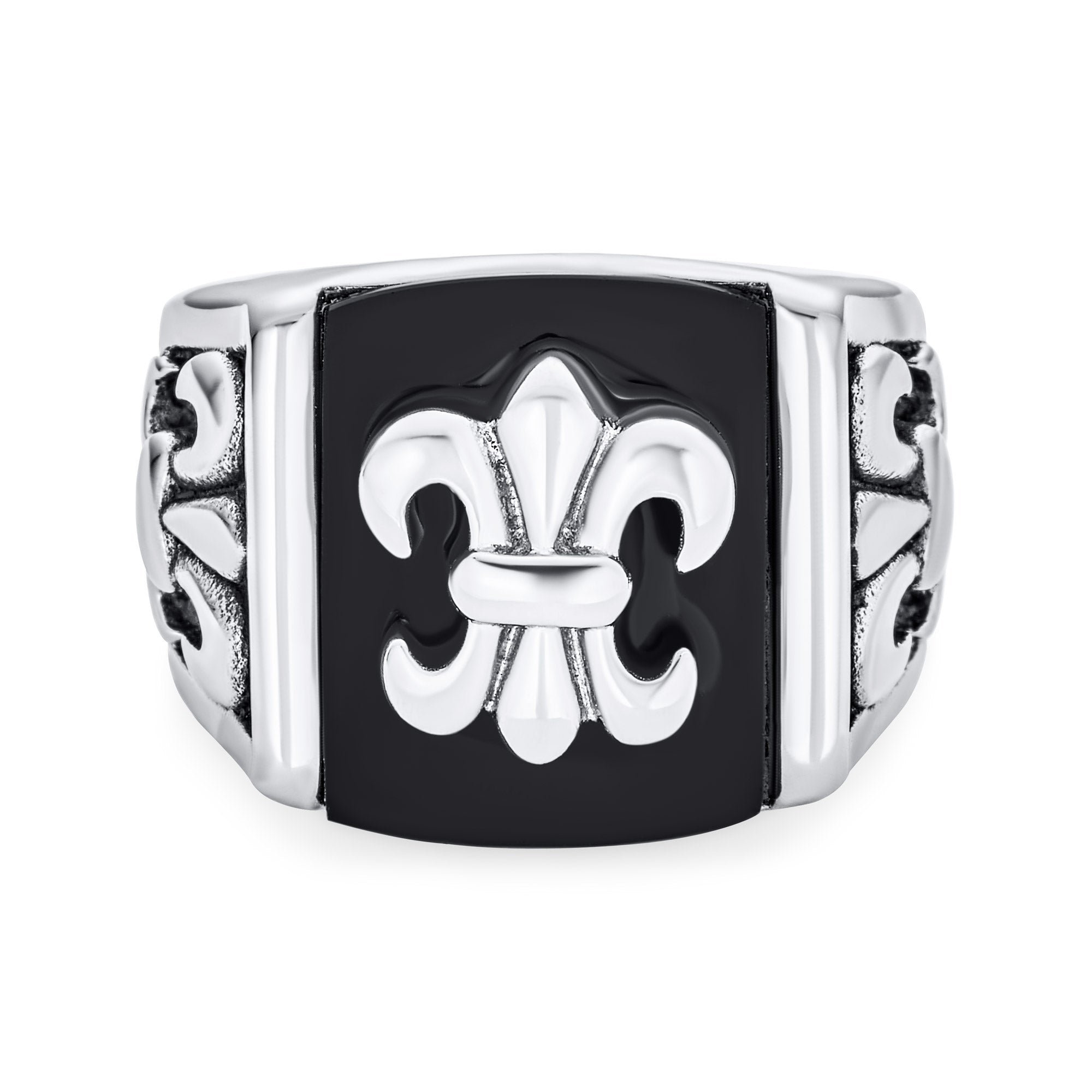 mens-black-fleur-de-lis-ring_sgd-4708_1_1_11 Men's Stainless Steel Black Onyx Fleur De Lis Signet Ring Silver Tone - Image 1