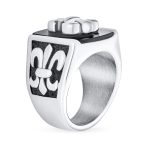 Men's Stainless Steel Black Onyx Fleur De Lis Signet Ring Silver Tone - Image 2